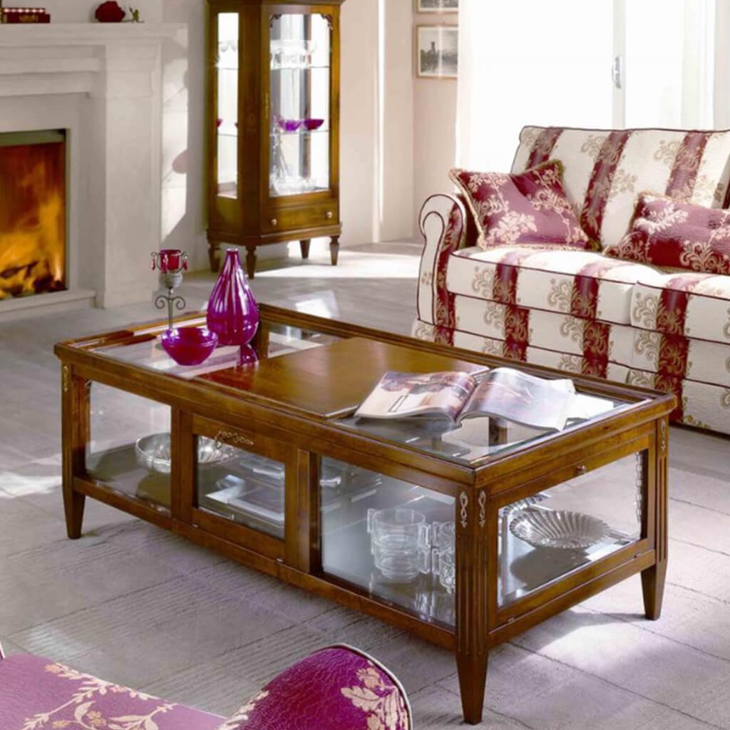 Tavolino quadrato da salotto con porta riviste e vetri molati